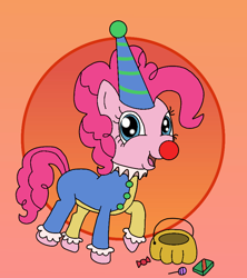 Size: 800x900 | Tagged: safe, artist:jovay, pinkie pie, earth pony, pony, g4, candy, clothes, clown, clown nose, costume, female, food, gradient background, halloween, halloween costume, hat, holiday, pumpkin bucket, red nose, solo