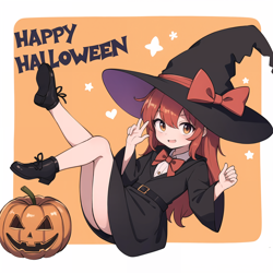 Size: 2000x2000 | Tagged: safe, ai assisted, ai content, apple bloom, human, g4, ass, belt, boots, butt, halloween, happy halloween, hat, heart, high res, holiday, humanized, jack-o-lantern, looking at you, lying down, on back, open mouth, pumpkin, schrödinger's pantsu, shoes, solo, text, witch costume, witch hat