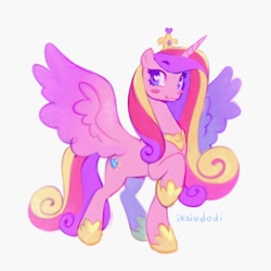 Size: 1500x1500 | Tagged: safe, artist:iksiudodi_, princess cadance, alicorn, pony, g4, blush sticker, blushing, colored wings, colorful, crown, crystal princess, cute, cutedance, eyebrows, eyelashes, female, gradient mane, gradient tail, heart, heart eyes, horn, jewelry, long mane, looking at you, mare, multicolored hair, multicolored mane, multicolored tail, multicolored wings, pink fur, princess, raised eyebrow, raised leg, regalia, royalty, simple background, smiling, smiling at you, smirk, solo, sparkly eyes, spread wings, tail, wingding eyes, wings