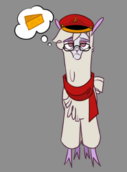 Size: 1022x1382 | Tagged: safe, artist:nonameorous, oc, oc only, oc:nonameorous, alpaca, them's fightin' herds, cheese, clothes, cloven hooves, community related, food, frown, glasses, gray background, hat, looking up, scarf, simple background, solo, standing, thought bubble