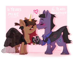 Size: 2500x2000 | Tagged: safe, artist:lionbun, oc, oc:dreamheart, oc:screaming heart, earth pony, pony, unicorn, anniversary, blushing, clothes, couple, dress, earth pony oc, female, high res, horn, jewelry, kiss on the lips, kissing, male, mare, married couple, oc x oc, ring, shipping, stallion, straight, suit, unicorn oc, wedding dress, wedding ring