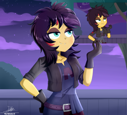 Size: 2134x1934 | Tagged: safe, artist:the-butch-x, sunset shimmer, costume conundrum, costume conundrum: sunset shimmer, equestria girls, g4, my little pony equestria girls: better together, alternate hairstyle, belt, clothes, costume, cute, denim, eyeshadow, fangs, female, fence, gloves, jacket, jeans, leather, leather jacket, makeup, night, pants, scene interpretation, screencap reference, shimmerbetes, shirt, solo, t-shirt, tomboy, tree, vampire shimmer, wig