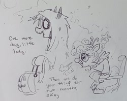 Size: 1698x1355 | Tagged: safe, artist:pony quarantine, oc, oc only, earth pony, pony, clothes, costume, dialogue, duo, female, filly, foal, grayscale, halloween, halloween costume, mare, monochrome, pen drawing, pumpkin bucket, traditional art
