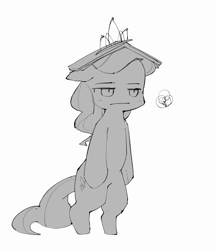 Size: 1047x1210 | Tagged: safe, artist:inkhooves, diamond tiara, earth pony, pony, g4, :|, bipedal, book, book on head, female, filly, foal, grayscale, monochrome, simple background, solo, white background
