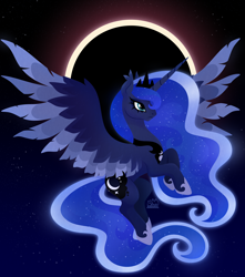 Size: 3000x3400 | Tagged: safe, artist:kabuvee, princess luna, pony, g4, colored wings, eclipse, female, flying, high res, jewelry, lineless, mare, multicolored wings, regalia, solo, wings