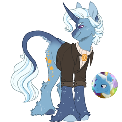 Size: 1000x1000 | Tagged: safe, artist:kazmuun, jack pot, classical unicorn, pony, unicorn, g4, butt fluff, chin fluff, closed mouth, clothes, cloven hooves, coat markings, colored hooves, curved horn, dorsal stripe, horn, jacket, leg fluff, leonine tail, long fetlocks, male, mismatched hooves, pale belly, simple background, smiling, solo, sparkles, stallion, standing, tail, tail fluff, transparent background, turned head, turtleneck, unshorn fetlocks