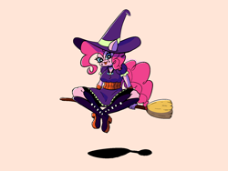 Size: 1600x1200 | Tagged: safe, artist:pertdegert, pinkie pie, earth pony, anthro, plantigrade anthro, g4, broom, clothes, costume, female, flying, flying broomstick, halloween, halloween costume, hat, looking at you, mare, orange background, platform boots, simple background, sitting, solo, tongue out, witch hat