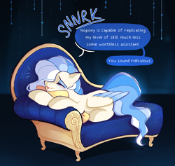 Size: 2500x2366 | Tagged: safe, artist:syrupyyy, oc, oc only, oc:florid frost, pegasus, pony, ask, description is relevant, dialogue, eyes closed, fainting couch, high res, lying down, male, prone, solo, speech bubble, stallion