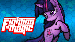 Size: 1920x1080 | Tagged: safe, twilight sparkle, pony, unicorn, fighting is magic, g4, blue background, logo, solo, thumbnail, unicorn twilight