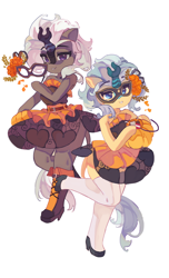 Size: 3414x5607 | Tagged: safe, artist:saxopi, oc, oc only, oc:jinx kurai, oc:misty showers, kirin, semi-anthro, arm hooves, candy, clothes, dress, duo, female, flower, food, halloween, high heels, holiday, horn, mask, masquerade mask, pumpkin, scales, shoes, siblings, simple background, sisters, skirt, stockings, thigh highs, twins, white background
