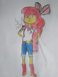 Size: 3072x4096 | Tagged: safe, artist:epicheavytf2, apple bloom, equestria girls, g4, alternate clothes, alternate universe, apple bloom's bow, belt, bow, cape, clothes, cmc cape, denim, hair bow, hand on hip, jeans, looking at you, pants, papyrus (undertale), simple background, smiling, smiling at you, traditional art, undertale