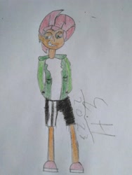 Size: 3072x4096 | Tagged: safe, artist:epicheavytf2, babs seed, equestria girls, g4, alternate clothes, alternate hairstyle, alternate universe, clothes, hand in pocket, hoodie, sans (undertale), shorts, simple background, slippers, smiling, traditional art, undertale, white shirt