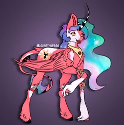 Size: 1249x1252 | Tagged: safe, artist:louarthur8, princess celestia, alicorn, demon, demon pony, hybrid, imp, pony, g4, blitzo buckzo, crossover, crossover fusion, fusion, fusion:blitzo buckzo, fusion:blitzolestia, fusion:princess celestia, hellaverse, hellborn, helluva boss, hybrid fusion, intersex, nonbinary, raised hoof, smiling, solo