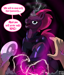 Size: 3305x3850 | Tagged: safe, artist:boundbrush, tempest shadow, human, pony, unicorn, g4, broken horn, dialogue, female, frog (hoof), hand, high res, hooves, horn, human to pony, magic, mid-transformation, offscreen character, pov, spiral, transformation, underhoof