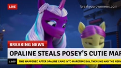 Size: 1280x720 | Tagged: safe, edit, edited screencap, screencap, opaline arcana, posey bloom, alicorn, earth pony, pony, g5, my little pony: make your mark, my little pony: make your mark chapter 5, nightmare on mane street, spoiler:g5, break your own news, female, mare