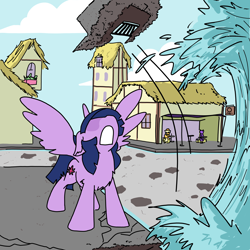 Size: 3508x3508 | Tagged: safe, artist:ponny, part of a set, applejack, twilight sparkle, alicorn, earth pony, pony, series:sailor meep, g4, cloud, colored, concrete, cracks, destruction, high res, levitation, magic, part of a series, restaurant, screaming, sewer, storm drain, telekinesis, twilight sparkle (alicorn), water