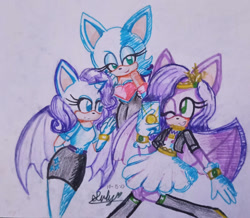 Size: 827x720 | Tagged: safe, artist:sulykari, pipp petals, rarity, bat pony, mobian, anthro, g4, g5, bat pipp, bat ponified, bat wings, one eye closed, phone, pipp and her heroine, race swap, raribat, rouge the bat, simple background, sonic the hedgehog (series), sonicified, traditional art, trio, wings, wink