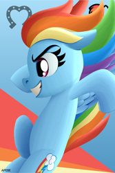 Size: 2250x3376 | Tagged: safe, artist:apebe, rainbow dash, human, pegasus, pony, g4, abstract background, female, flying, gradient background, high res, icon, mare, poster, solo, spread wings, symbol, watermark, wings