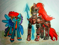 Size: 3325x2517 | Tagged: safe, artist:mettaton, rainbow dash, pegasus, pony, g4, armor, armored pony, clothes, crossover, high res, marker drawing, spear, traditional art, undertale, undyne, uniform, weapon, wonderbolts uniform