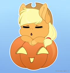 Size: 1428x1500 | Tagged: safe, artist:volodyanocturne, applejack, earth pony, pony, g4, applejack's hat, chibi, commission, cowboy hat, crossed hooves, eyes closed, female, gradient background, hair tie, halloween, hat, holiday, jack-o-lantern, open mouth, pumpkin, solo, ych result