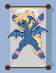 Size: 4671x6087 | Tagged: safe, artist:equestria secret guard, oc, oc only, oc:sadie angela, bat pony, pony, armpits, bat pony oc, bat wings, bed, belly, belly button, bondage, eyes closed, featureless crotch, female, helpless, lying down, mare, on bed, rope, rope bondage, sexy, solo, spread eagle, spread legs, spread wings, spreading, tied down, tied to bed, tied up, wings