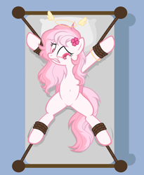 Size: 4776x5820 | Tagged: safe, artist:equestria secret guard, oc, oc only, oc:bubble cloud, pegasus, pony, bed, belly, belly button, bondage, featureless crotch, female, gritted teeth, helpless, kidnapped, lying down, mare, on back, on bed, pegasus oc, restrained, rope, rope bondage, scared, sexy, solo, spread eagle, spread legs, spreading, teeth, tied down, tied to bed, tied up