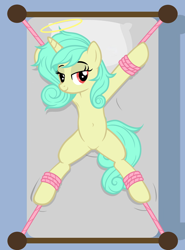 Size: 4152x5621 | Tagged: safe, artist:equestria secret guard, oc, oc only, oc:seven sister, pony, unicorn, armpits, bed, bedroom eyes, belly, belly button, bondage, featureless crotch, female, halo, happy, happy bondage, helpless, horn, looking at you, lying down, mare, on back, on bed, rope, rope bondage, sexy, smiling, smiling at you, smirk, solo, spread eagle, spread legs, spreading, tied down, tied to bed, tied up, unicorn oc