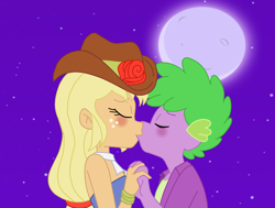 Size: 1426x1076 | Tagged: safe, artist:spike17, applejack, spike, human, equestria girls, g4, blushing, duo, female, human spike, humanized, kiss on the lips, kissing, love, male, moon, night, ship:applespike, shipping, straight