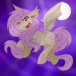 Size: 800x800 | Tagged: safe, artist:lindasaurie, derpibooru exclusive, fluttershy, bat pony, pony, g4, bat ponified, colored lineart, fangs, female, flutterbat, flying, mare, moon, night, night sky, open mouth, race swap, sky, solo, spread wings, wings