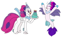 Size: 3264x1976 | Tagged: safe, artist:supahdonarudo, queen novo, classical hippogriff, hippogriff, seapony (g4), series:novoember, g4, my little pony: the movie, anniversary, birthday cake, cake, duality, food, happy, hat, party hat, simple background, transparent background