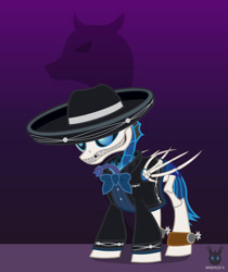 Size: 1189x1416 | Tagged: safe, artist:wheatley r.h., derpibooru exclusive, oc, oc only, oc:w. rhinestone eyes, changeling, skeleton pony, bat wings, blue fire, bone, bowtie, changeling oc, charro, charro negro, clothes, folded wings, gradient background, hat, male, shadow, sharp teeth, single panel, skeleton, solo, spurs, stallion, suit, teeth, vector, watermark, wings