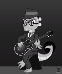 Size: 1189x1416 | Tagged: safe, artist:wheatley r.h., derpibooru exclusive, oc, oc only, oc:myoozik the dragon, dragon, clothes, dragon oc, glasses, gradient background, guitar, hat, male, monochrome, musical instrument, necktie, non-pony oc, robert johnson, single panel, solo, suit, table, tablecloth, vector, watermark, wings