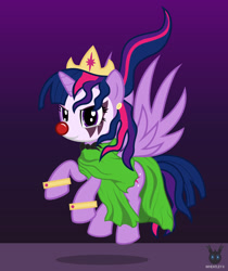 Size: 1189x1416 | Tagged: safe, artist:wheatley r.h., derpibooru exclusive, oc, oc only, oc:twi clown, pony, unicorn, bowtie, clone, clothes, clown, clown makeup, clown nose, crown, cuffs (clothes), female, gradient background, horn, jewelry, kefka palazzo, mare, red nose, regalia, single panel, solo, spread wings, toga, unicorn oc, vector, watermark, winged unicorn, wings