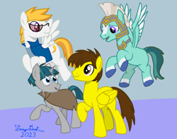 Size: 2081x1636 | Tagged: safe, artist:twiny dust, stygian, thunder flap, oc, oc:lightpoint, oc:toasty, pegasus, pony, unicorn, g4, g5, armor, birthday gift art, cloak, clothes, colored background, flying, g5 to g4, generation leap, gift art, glasses, jacket, male, pegasus royal guard, royal guard, royal guard armor, simple background, stallion