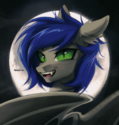 Size: 1824x1914 | Tagged: safe, artist:teturirusu, oc, oc only, oc:mb midnight breeze, bat pony, pony, bat wings, blue hair, bust, commission, ear fluff, fangs, full moon, grey skin, halloween, halloween 2023, holiday, looking at you, male, moon, night, nightmare night, open mouth, pony oc, portrait, slit pupils, solo, stars, wings, ych result