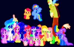 Size: 1401x894 | Tagged: safe, edit, edited screencap, editor:incredibubbleirishguy, screencap, apple bloom, applejack, discord, fluttershy, pinkie pie, princess cadance, princess celestia, princess flurry heart, princess luna, rainbow dash, rarity, scootaloo, shining armor, spike, starlight glimmer, sweetie belle, trixie, twilight sparkle, alicorn, draconequus, dragon, earth pony, pegasus, pony, unicorn, g4, to where and back again, alicorn pentarchy, baby alicorn, beautiful, cape, christmas, christmas lights, clothes, colors, cutie mark crusaders, dark background, female, filly, foal, glow in the dark, glowing, hat, holiday, male, mane seven, mane six, mare, night, not a vector, princess, simple background, stallion, trio male, trixie's cape, trixie's hat, twilight sparkle (alicorn)