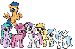 Size: 945x624 | Tagged: safe, artist:maggiethenuggetpony68, aura (g4), cotton cloudy, first base, noi, ruby pinch, sweetie belle, earth pony, pegasus, pony, unicorn, g4, adorabase, alternate mane six, aurabetes, best friends, colored, cottonbetes, cute, diasweetes, female, filly six, first base can fly, flapping, flying, foal, friends, grin, hooves, hooves up, mare, noiabetes, older, older aura (g4), older cotton cloudy, older first base, older noi, older ruby pinch, older sweetie belle, open mouth, open smile, pegasus first base, pinchybetes, race swap, raised hoof, raised leg, simple background, smiling, transparent background