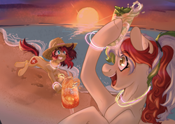 Size: 14617x10334 | Tagged: safe, artist:jasart, artist:roxymadn3ss, oc, oc only, earth pony, pony, alcohol, beach, colored, commission, drink, duo, full color, glow rings, mascot, ocean, patreon mascot, print, printable, sunset, water