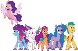 Size: 3878x2530 | Tagged: safe, artist:prixy05, hitch trailblazer, izzy moonbow, misty brightdawn, pipp petals, sunny starscout, zipp storm, earth pony, pegasus, pony, unicorn, g5, my little pony: tell your tale, female, height difference, high res, male, mane five, mane six (g5), mane stripe sunny, mare, physique difference, rebirth misty, simple background, stallion, transparent background, vector