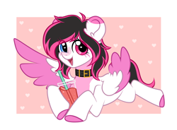 Size: 4404x3234 | Tagged: safe, artist:grelka, artist:vetta, oc, oc only, oc:lunylin, pegasus, pony, abstract background, collaboration, collar, colored belly, colored eartips, colored hooves, colored wings, ear markings, facial markings, female, food, heart, heart eyes, heterochromia, juice, lemonade, looking at you, lying down, mare, one wing out, open mouth, open smile, passepartout, prone, reverse countershading, round ears, smiling, smiling at you, solo, straw, tail, two toned mane, two toned tail, two toned wings, wingding eyes, wings