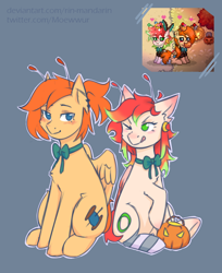 Size: 2000x2450 | Tagged: safe, artist:moewwur, artist:rin-mandarin, oc, oc only, oc:chise, oc:svatya, pegasus, pony, pony town, blue background, clothes, couple, gift art, ginger hair, halloween, high res, holiday, jack-o-lantern, pegasus wings, pink hair, pink mane, pumpkin, pumpkin bucket, red hair, simple background, sketch, socks, spooky, spread wings, strawberry mane, striped socks, tendrils, wings