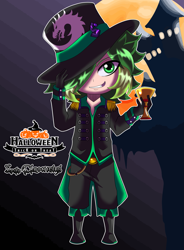 Size: 2991x4063 | Tagged: safe, artist:cmacx, spike, dragon, human, g4, castle, full moon, glass, halloween, hat, holiday, humanized, jack-o-lantern, moon, pumpkin, witch hat
