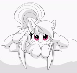 Size: 2162x2058 | Tagged: safe, artist:pabbley, rainbow dash, pegasus, pony, g4, cute, dashabetes, female, grayscale, high res, looking at you, lying down, mare, monochrome, partial color, prone, simple background, smiling, smiling at you, solo, sploot, white background, wings, wings down
