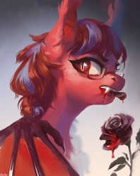 Size: 1710x2160 | Tagged: safe, artist:jewellier, oc, oc only, oc:july red pencil, bat pony, pony, bat wings, biting, bust, fangs, female, flower, glasses, looking back, mare, not blood, portrait, rose, slit pupils, solo, species swap, wings