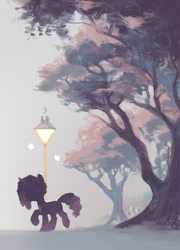 Size: 1554x2160 | Tagged: safe, artist:jewellier, misty brightdawn, butterfly, pony, unicorn, g5, female, mare, silhouette, solo, streetlight, tree