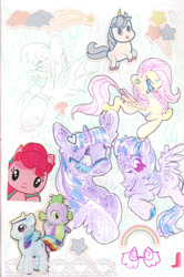 Size: 1084x1632 | Tagged: safe, artist:larvaecandy, fluttershy, pinkie pie, rainbow dash, spike, twilight sparkle, oc, alicorn, bat pony, pegasus, pony, unicorn, g4, alternate eye color, alternate hair color, alternate tail color, alternate tailstyle, bat pony oc, blue eyes, colored eyebrows, colored pencil drawing, colored sketch, duality, duo, frown, glasses, hoof fluff, horn, leonine tail, long mane, long tail, looking back, lying down, open mouth, pink mane, pink tail, prone, purple coat, purple eyes, raised hooves, self paradox, self ponidox, short horn, sitting, sketch, sketch dump, spread wings, sticker, tail, traditional art, twilight sparkle (alicorn), two toned mane, two toned tail, unicorn twilight, wingding eyes, wings, yellow coat