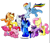 Size: 679x582 | Tagged: safe, artist:box, applejack, fluttershy, pinkie pie, rainbow dash, rarity, twilight sparkle, oc, oc:blue thunder, alicorn, earth pony, pegasus, pony, unicorn, g4, alicorn oc, flying, horn, mane seven, mane six, simple background, smiling, twilight sparkle (alicorn), white background, wings