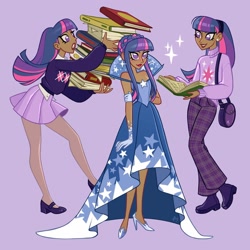Size: 1900x1900 | Tagged: source needed, safe, artist:ramba, twilight sparkle, human, g4, :o, alternate hairstyle, bag, book, braid, clothes, dark skin, dress, ear piercing, earring, female, gala dress, gloves, grin, gritted teeth, hairband, high heels, humanized, jewelry, lavender background, miniskirt, moderate dark skin, open mouth, pants, pantyhose, piercing, plaid, pleated skirt, purple background, shirt, shoes, simple background, skirt, smiling, solo, sparkles, standing, sweater, teeth, turtleneck