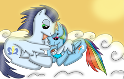 Size: 1123x720 | Tagged: oc name needed, safe, artist:blueblaze7107, artist:dasher666, edit, rainbow dash, soarin', oc, pegasus, pony, g4, baby, baby pony, cloud, female, foal, male, mare, offspring, on a cloud, parent:rainbow dash, parent:soarin', parents:soarindash, ship:soarindash, shipping, stallion, straight