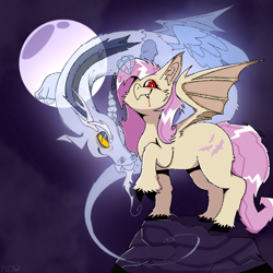 Size: 1200x1200 | Tagged: safe, artist:flowgence, discord, fluttershy, bat pony, draconequus, ghost, undead, vampire, vampony, g4, bat ponified, bat wings, blood, cloven hooves, duo, duo male and female, fangs, female, flutterbat, halloween, holiday, looking at you, male, mare, mischievous, moon, race swap, wings